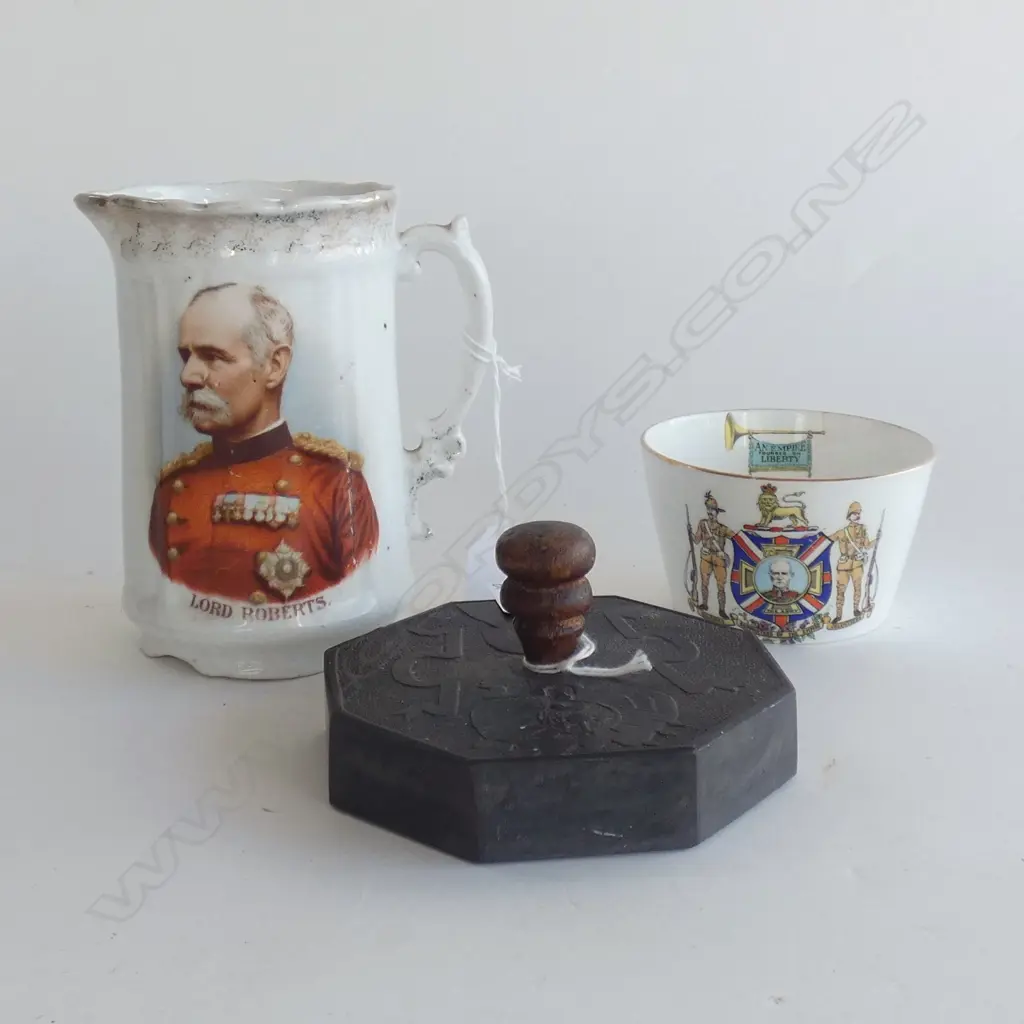 LORD ROBERTS JUG (H 135MM) & BOER WAR SUGAR BOWL A/F (DIA 90MM)  & BOAR WAR SLATE PAPERWEIGHT (DIA  115MM) Image 1++