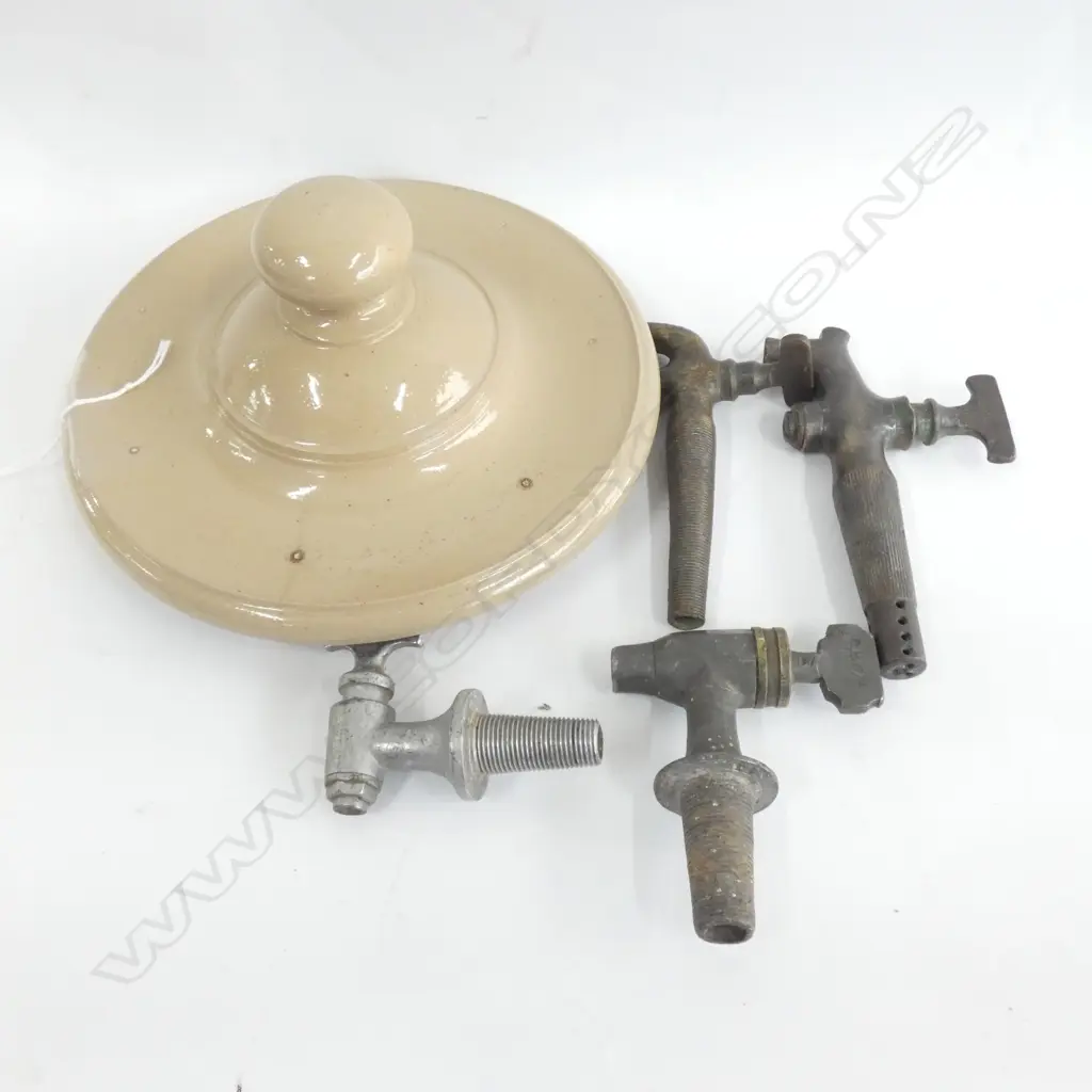 ANTIQUE CERAMIC WATER FILTER LID 205mm dia + 4 BRASS TAPS Image 1++