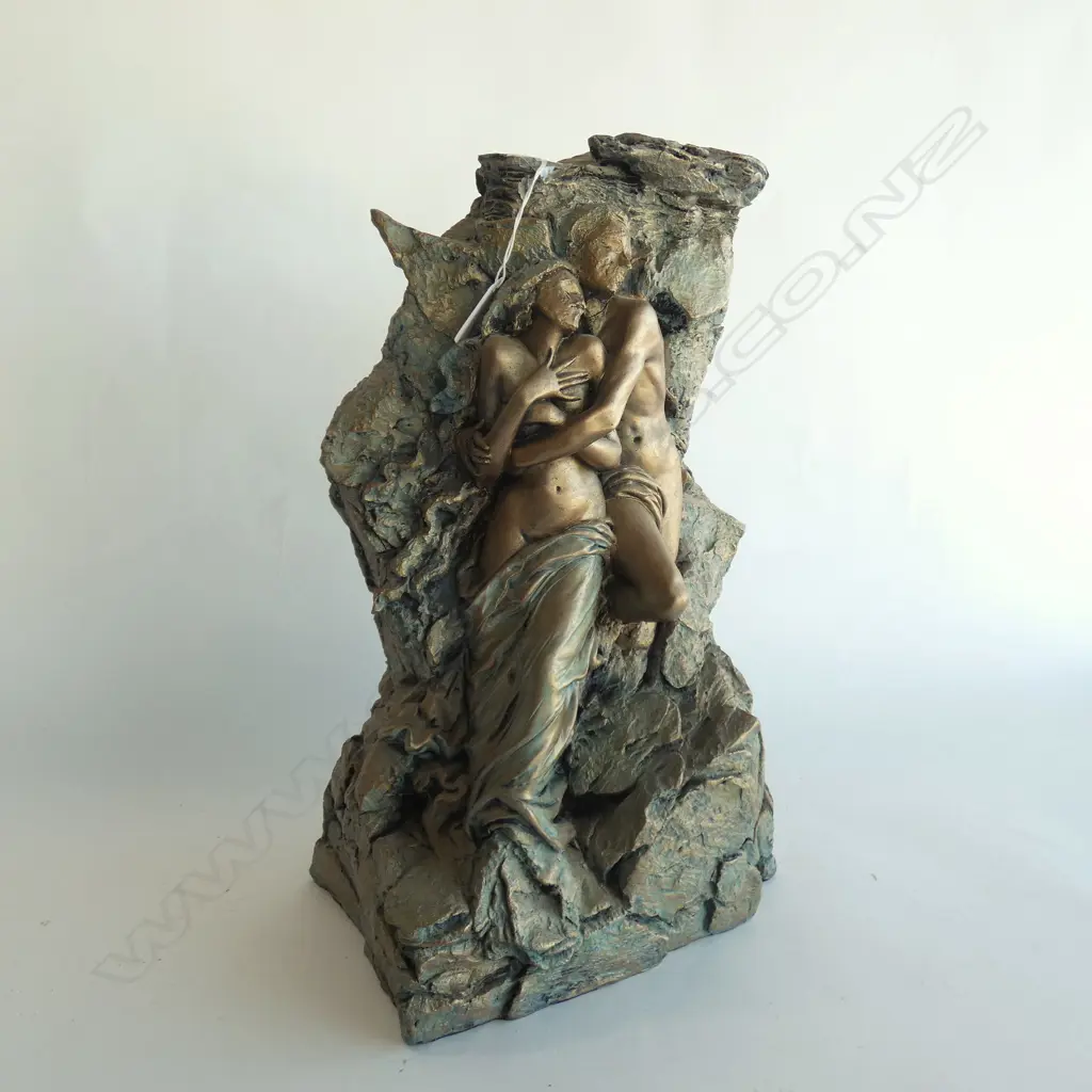 MIXED MEDIA NUDE GOLD PAINTED MALE & FEMALE ROCK FIGURE H. 420MM Image 1++