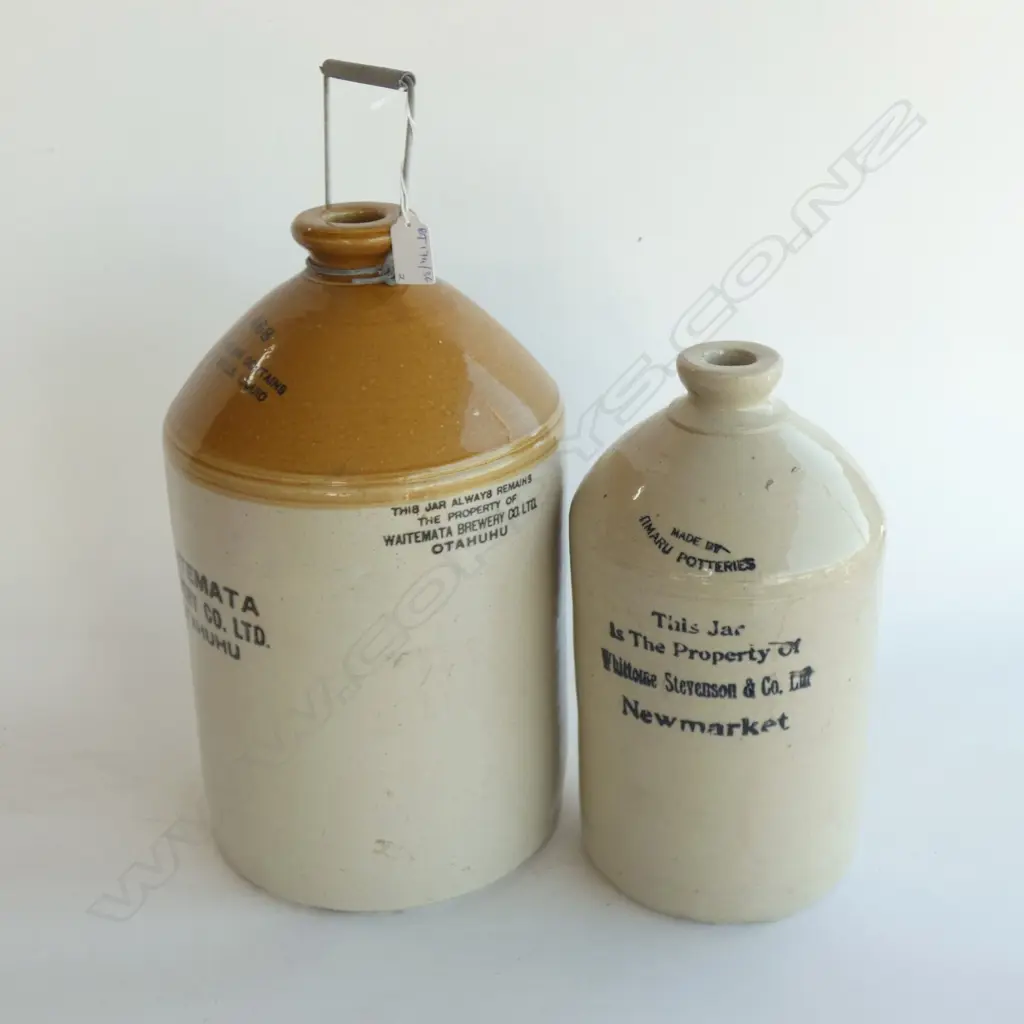 2 VINTAGE CROCKS; TIMARU POTTERIES H.310mm & WAITEMATA BREWERY AF Image 1++