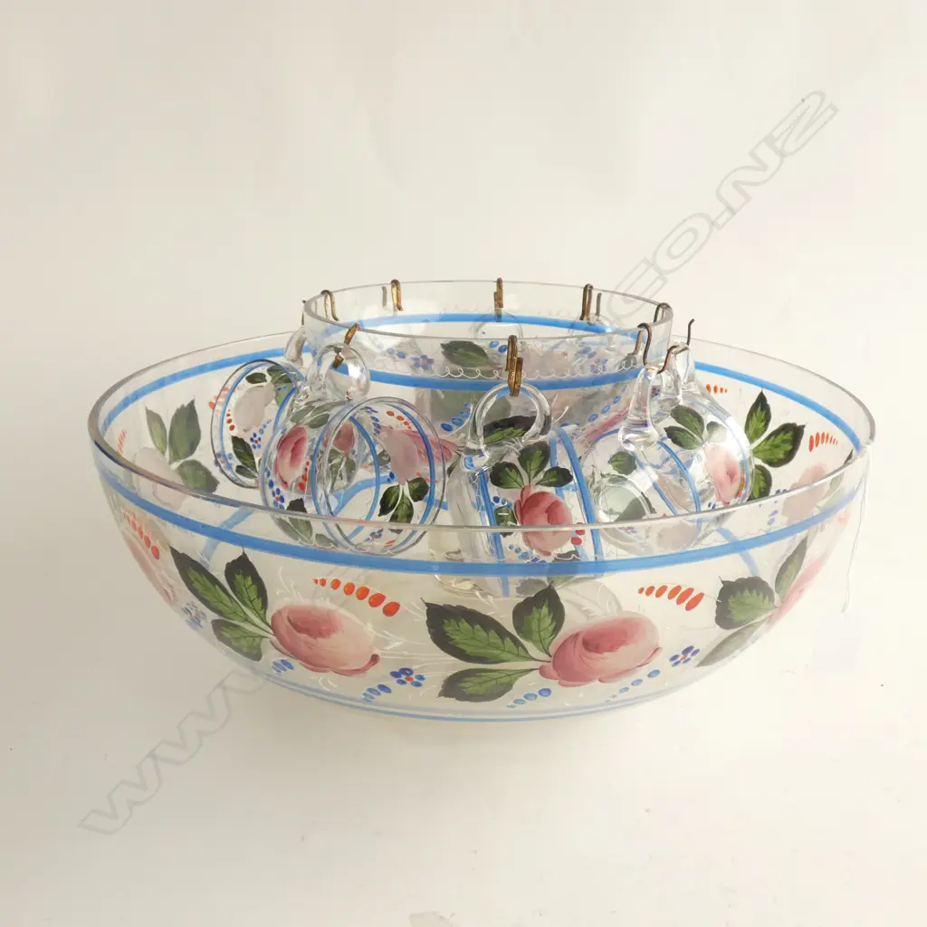 FRENCH HAND PAINTED PUNCH BOWL 390mm dia + 8 CUPS & COMPORT CENTREPIECE Image 1++