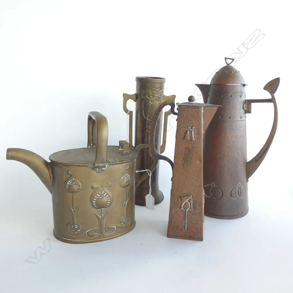 4 ART NOUVEAU COPPER & BRASS ITEMS; 2 TALL JUGS (TALLEST H 360MM) VASE & WATERING CAN H 235MM Image 1++