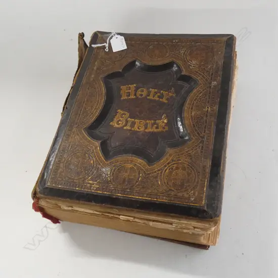LARGE, 19thC LEATHER BOUND FAMILY BIBLE, CONSIDERABLY DISTRESSED