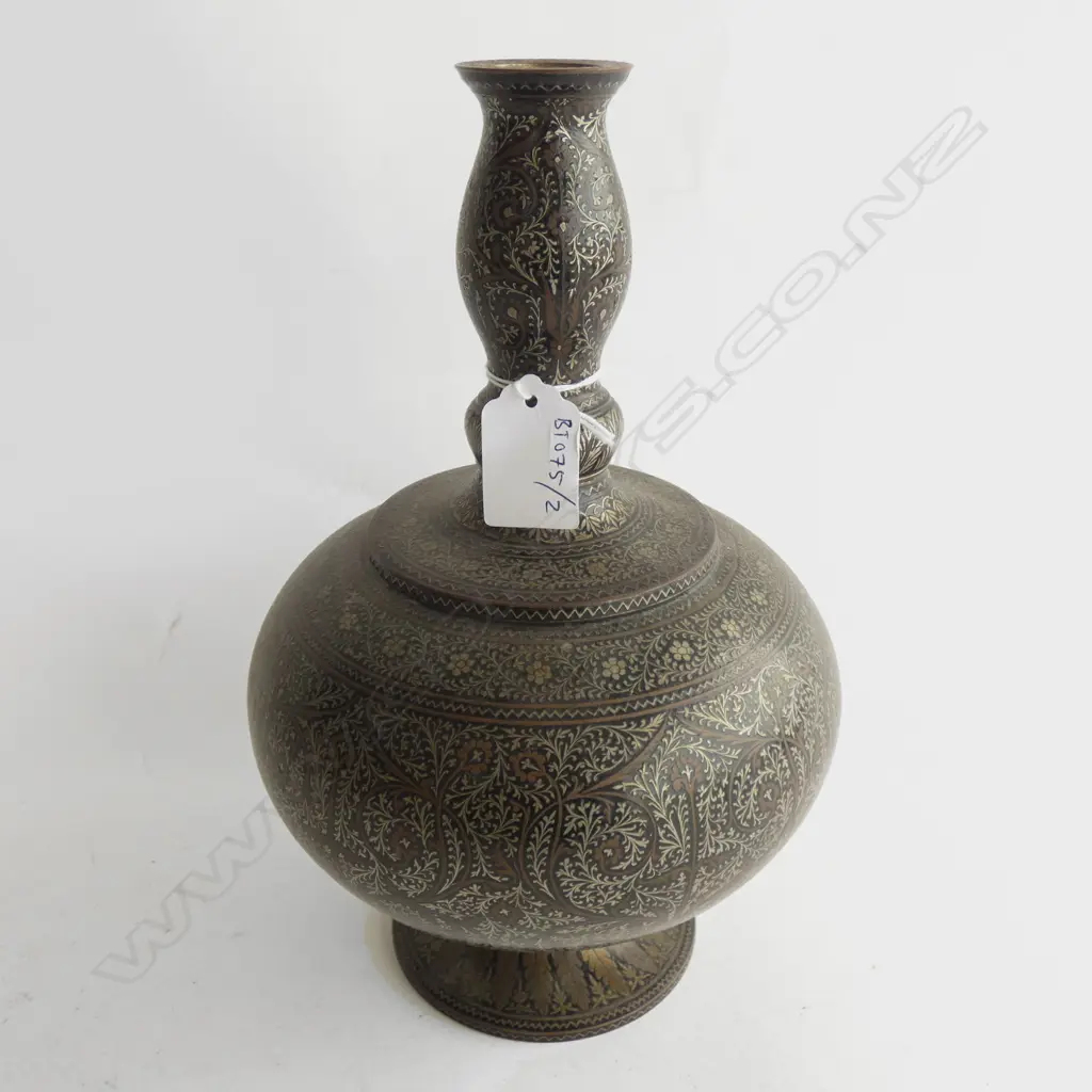 ISLAMIC SILVER AND BRASS INLAID VASE w BLACK LACQUER INLAY. H.260mm Image 1++