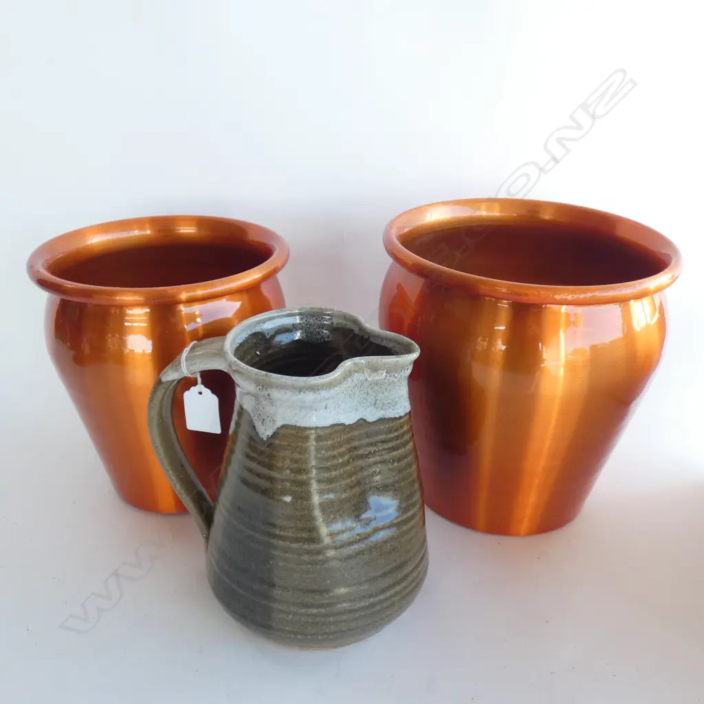 2 METAL POTS + POTTERY JUG H.190mm Image 1++