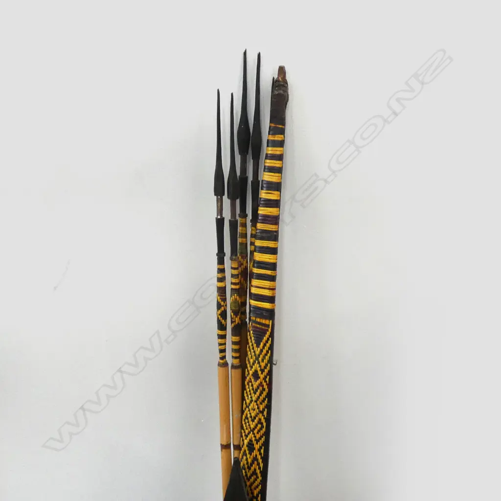 6 PNG TRIBAL WEAPONS; 4 SPEARS, BOW L.1420mm & CARVED WOODEN TROBRIAND ISLAND PADDLE CLUB  Image 1++