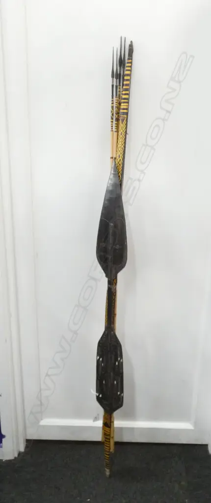 6 PNG TRIBAL WEAPONS; 4 SPEARS, BOW L.1420mm & CARVED WOODEN TROBRIAND ISLAND PADDLE CLUB  Image 1++