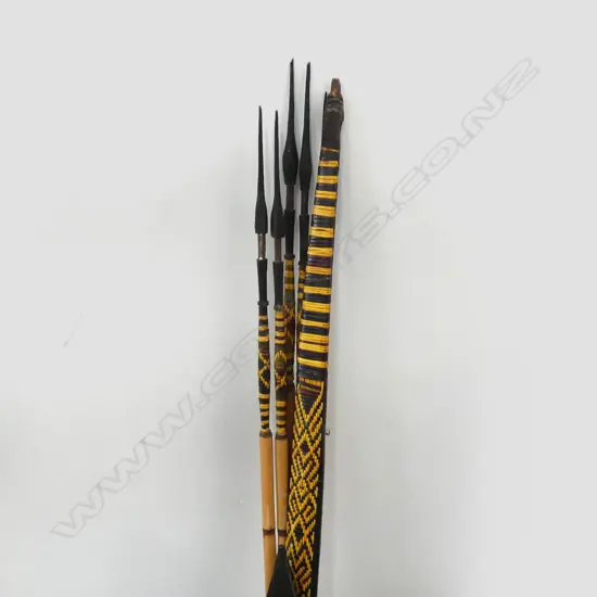 6 PNG TRIBAL WEAPONS; 4 SPEARS, BOW L.1420mm & CARVED WOODEN TROBRIAND ISLAND PADDLE CLUB 