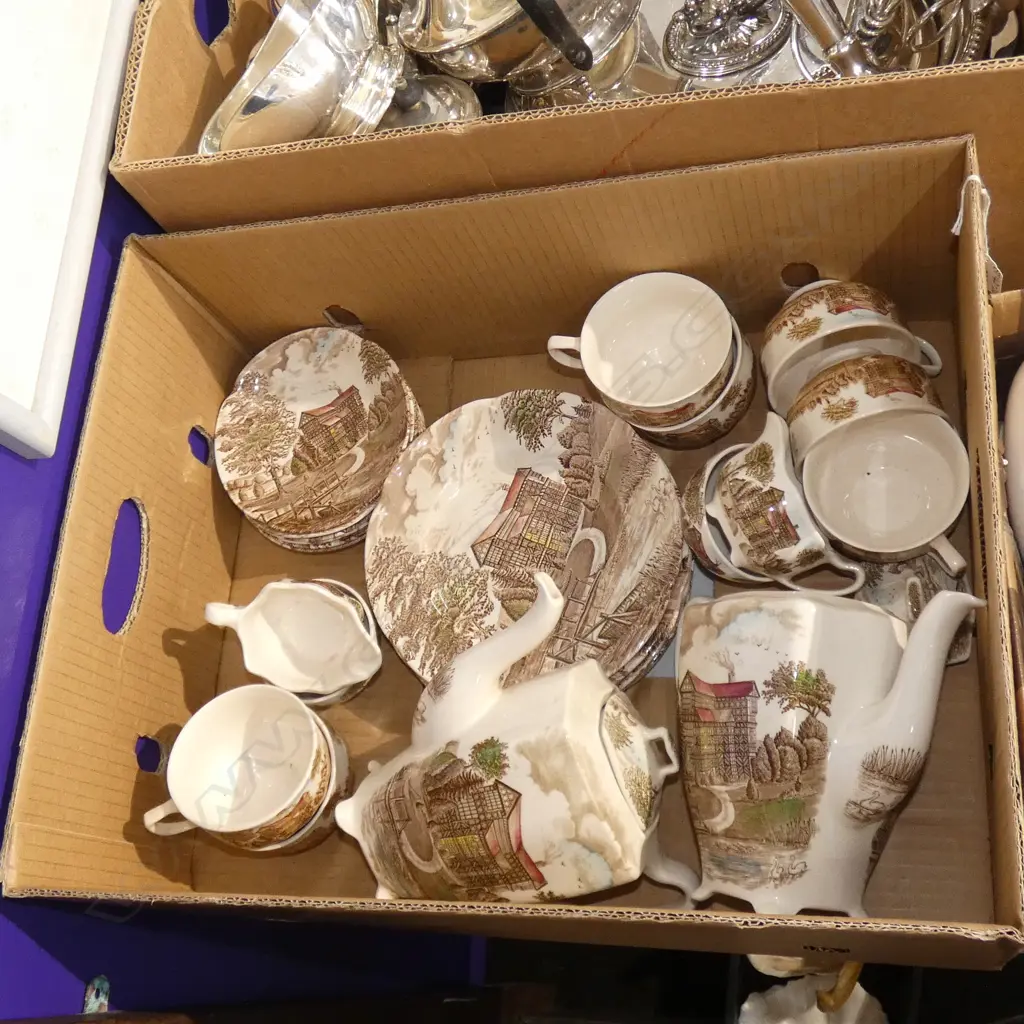 BOX LOT ASST JOHNSON BROS 'TUDOR HALL' CHINA INCL COFFEE POTS/ CUPS / SAUCERS / PLATES ETC. Image 1++