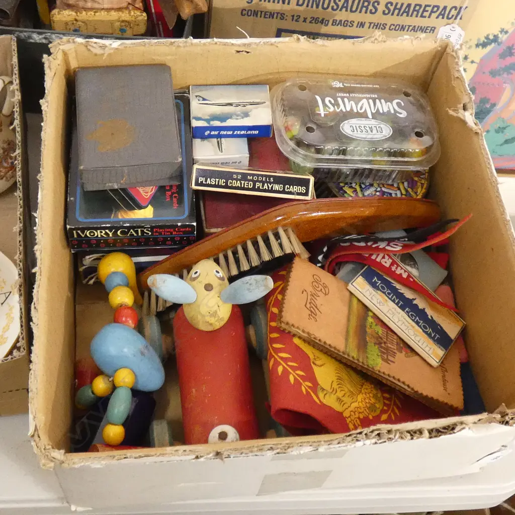 BOX MISC INCL  MARBLES / WOODEN TOYS / CARD GAMES/ PENNANTS / COLLECTABLE PHOTOS ETC.. Image 1++