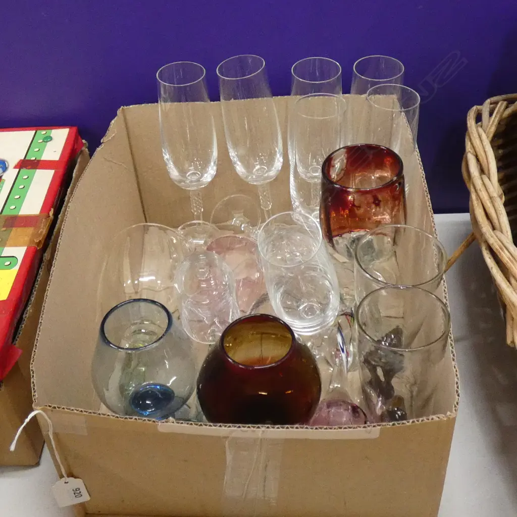 BOX LOT ASST. ART GLASS WINE GLASSES Image 1++