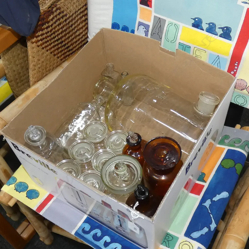 BOX LOT VINTAGE PHARMACY BOTTLES ETC. Image 1++