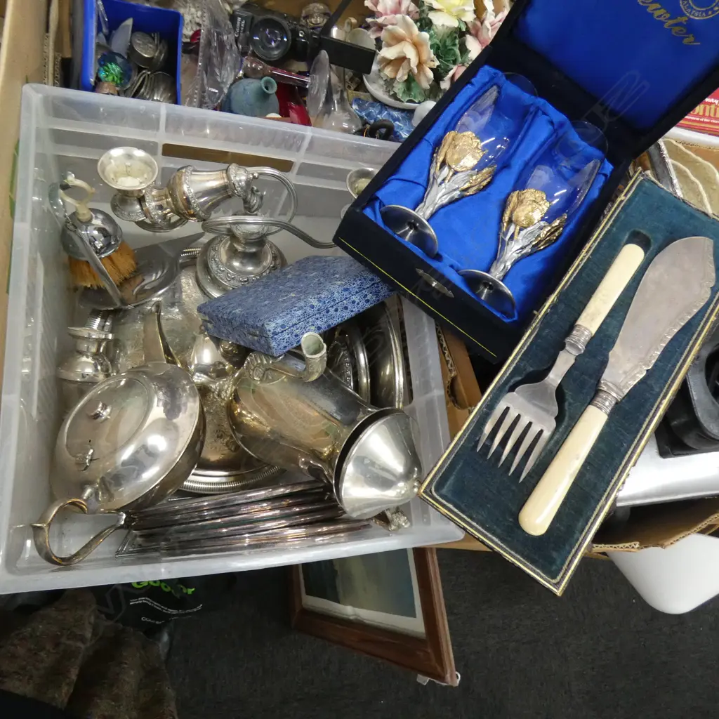 BOX LOT ASST. EP, CASED CUTLERY ETC Image 1++