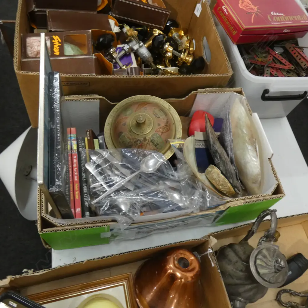 BOX ASST; BOOKS / SHELLS/ CUTLERY / LAMINATING POUCHES ETC.. Image 1++