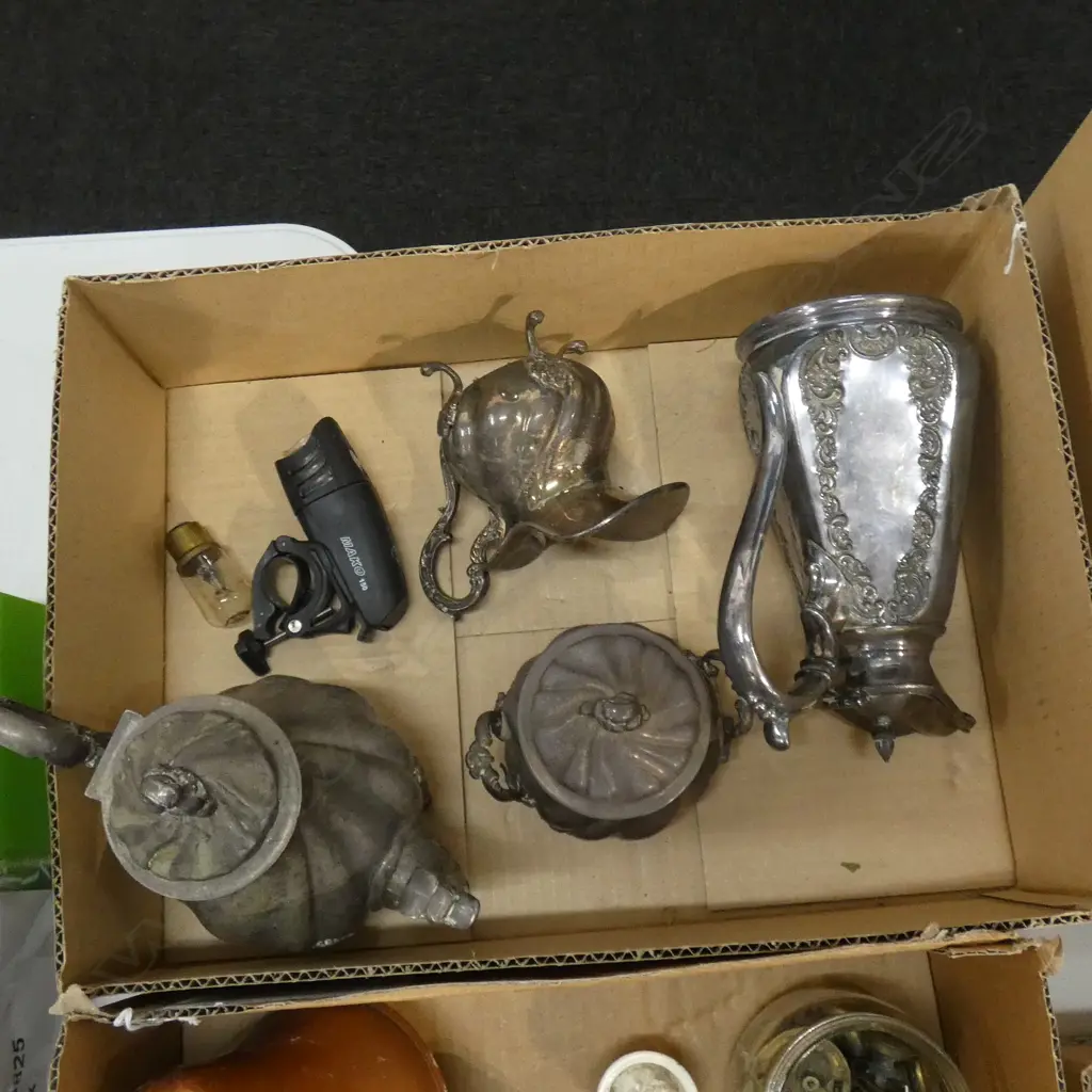 BOX LOT OLD SILVERPLATE; TEAPOT ETC.. Image 1++