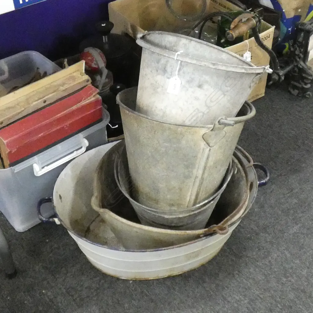 5 VINTAGE GALVANIZED ETC METAL BUCKETS / BASINS Image 1++