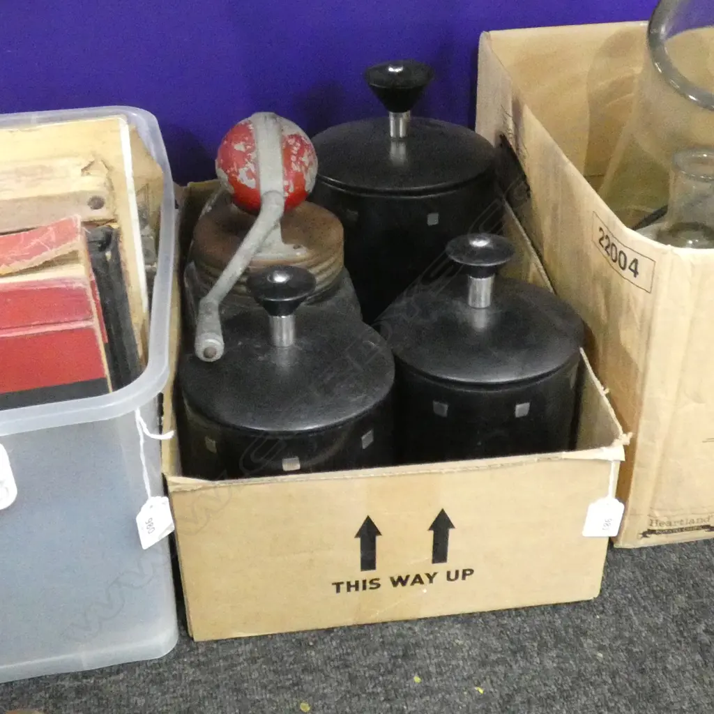 BOX ASST INCL OLD GLASS & METAL BUTTER CHURN / ICE BUCKETS ETC. Image 1++