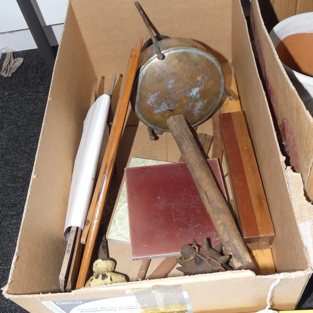 BOX MISC INCL. OLD KAURI SHINGLES / VTG DOOR KNOB /TILES / RULERS / MEDIEVAL FLAIL WEAPON ETC. Image 1++