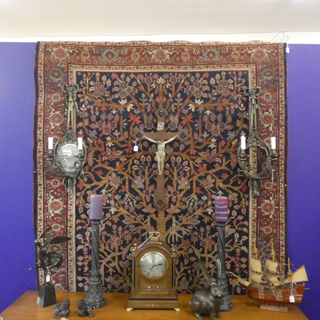 IRANIAN FERAGHAN HAND KNOTTED WOOL PILE RUG; FLOWERING TREE w. BLUE BACK GROUND & MEANDERING BORDER AF... Image 1++