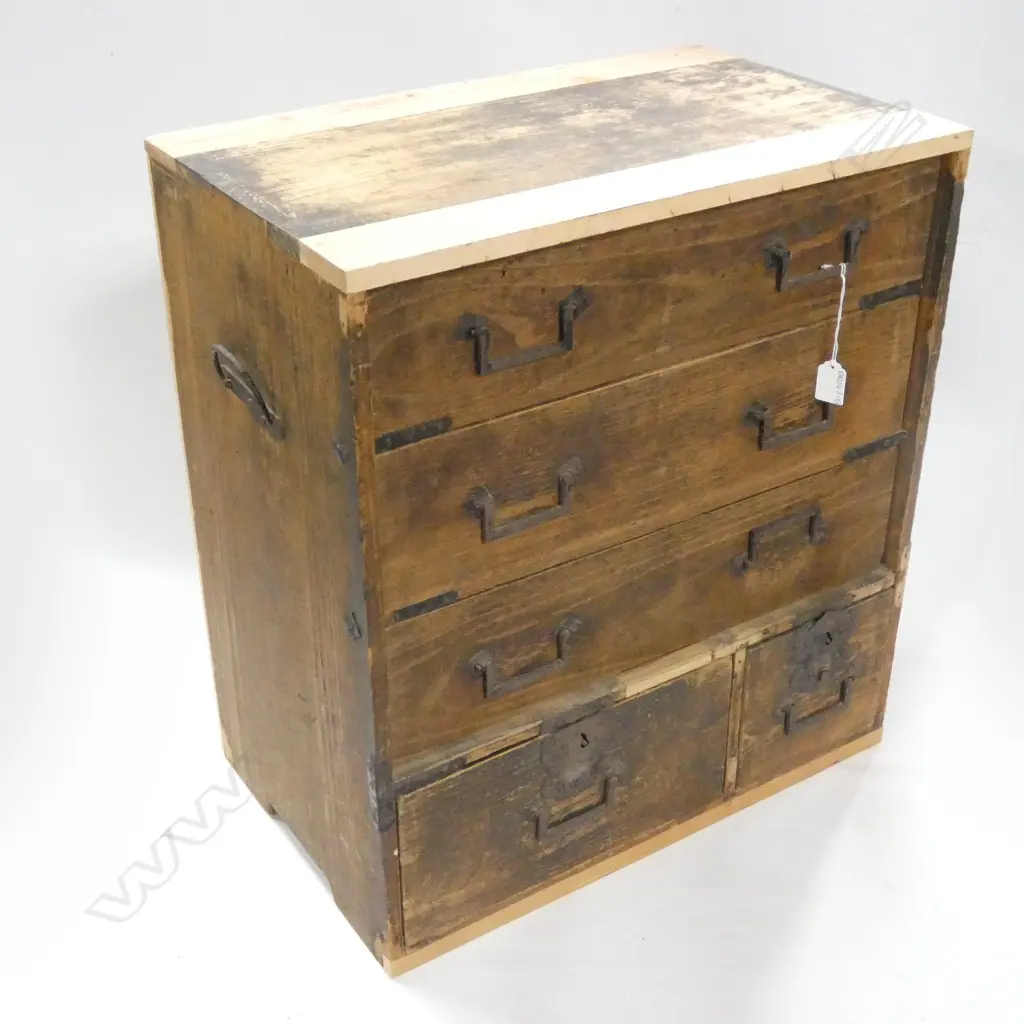 RUSTIC JAPANESE WOODEN TANSU CHEST - 5-DRAWER - 2 PANELS ON TOP BEEN REPLACED 545 X 340 X 610MM Image 1++