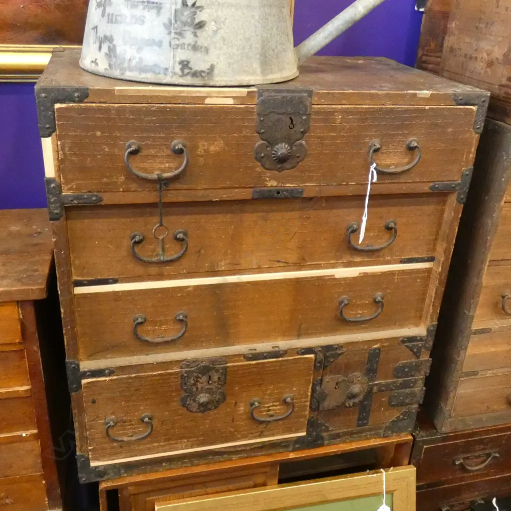VINTAGE JAPANESE DARK WOOD STAINED TANSU CHEST 4-DRAWER & CUPBOARD WITH SECRET DRAWER W/KEY /BLACK METAL DETAIL... Image 1++
