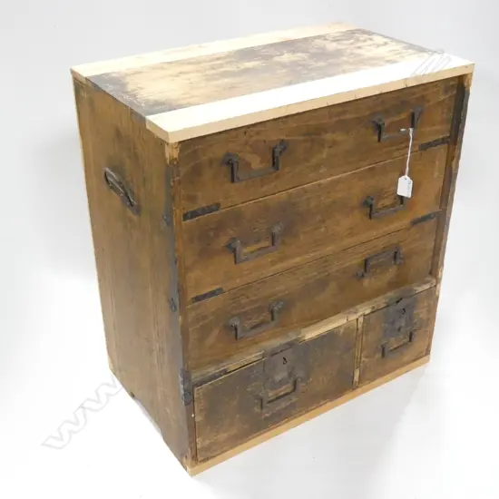 OLD JAPANESE DARK STAIN WOODEN TANSU CHEST - 2 CUPBOARDS / 4 DRAWERS 545 X 530 X 610MM - MINOR SCRATCHES 
