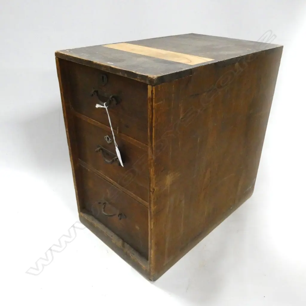 OLD JAPANESE WOODEN 3 DRAWER FILING CABINET (PC VENEER MISSING ON TOP) 415 X 265 X 415MM Image 1++