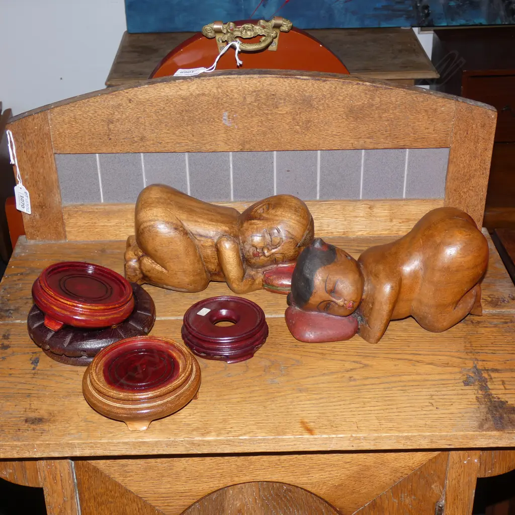 2 BOXES OF CARVED ORIENTAL FIGURES & POT STANDS Image 1++