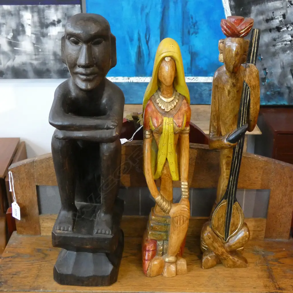 2 BOXES OF CARVED ORIENTAL FIGURES & POT STANDS Image 1++