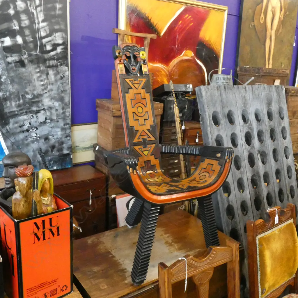 AFRICAN CARVED & PAINTED WOODEN CHAIR  Image 1++