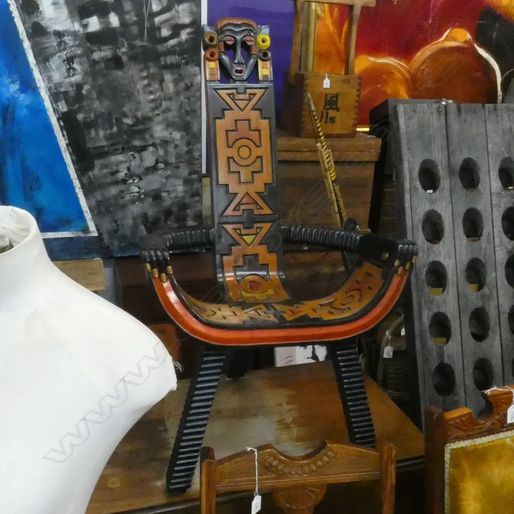 AFRICAN CARVED & PAINTED WOODEN CHAIR  Image 1++