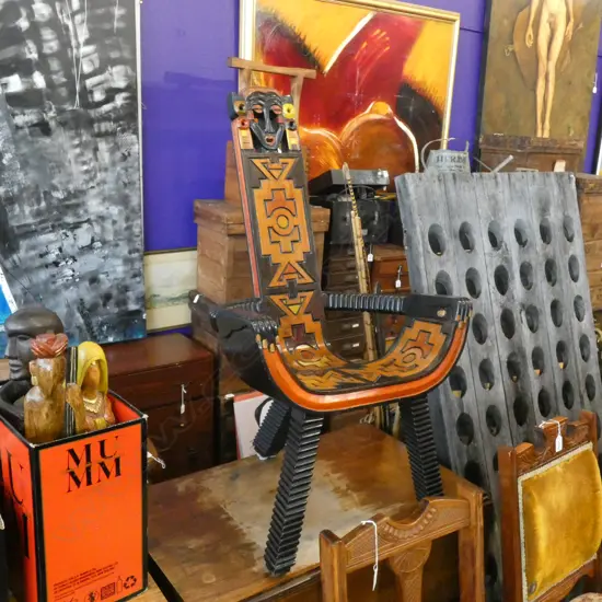AFRICAN CARVED & PAINTED WOODEN CHAIR 
