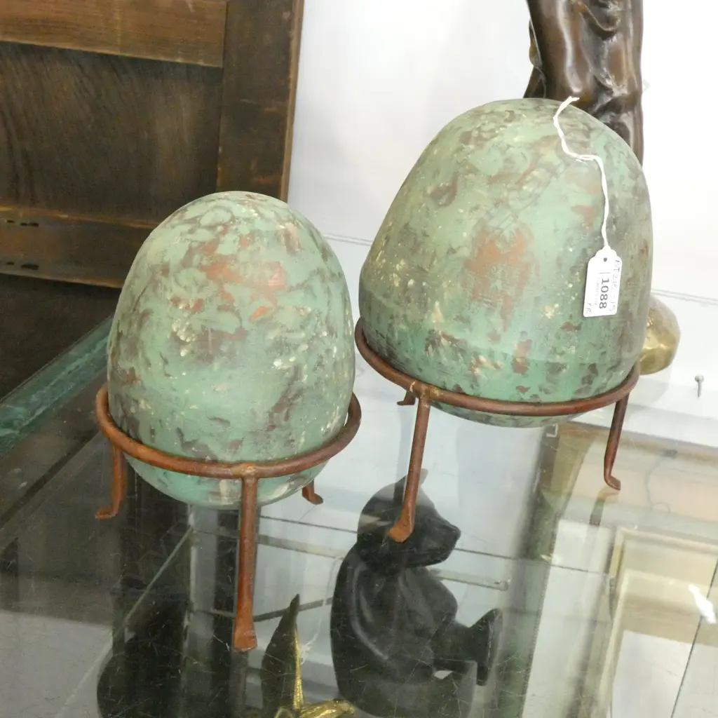 2 FRENCH COUNTRY COPPER VERDIGRIS FINISH METAL EGGS ON STANDS L H.260MM  Image 1++