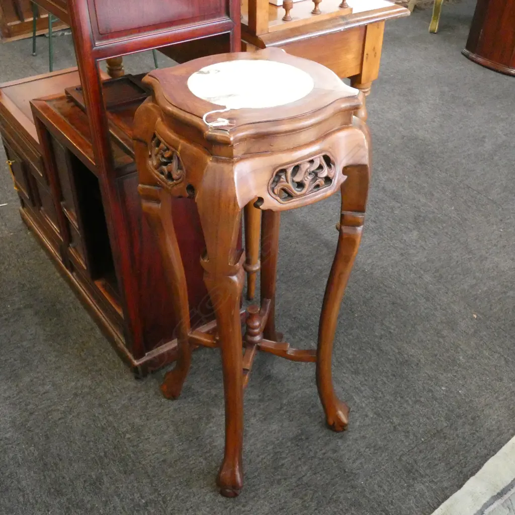 CARVED WOODEN PLANT STAND - MARBLE TOP H 600MM Image 1++