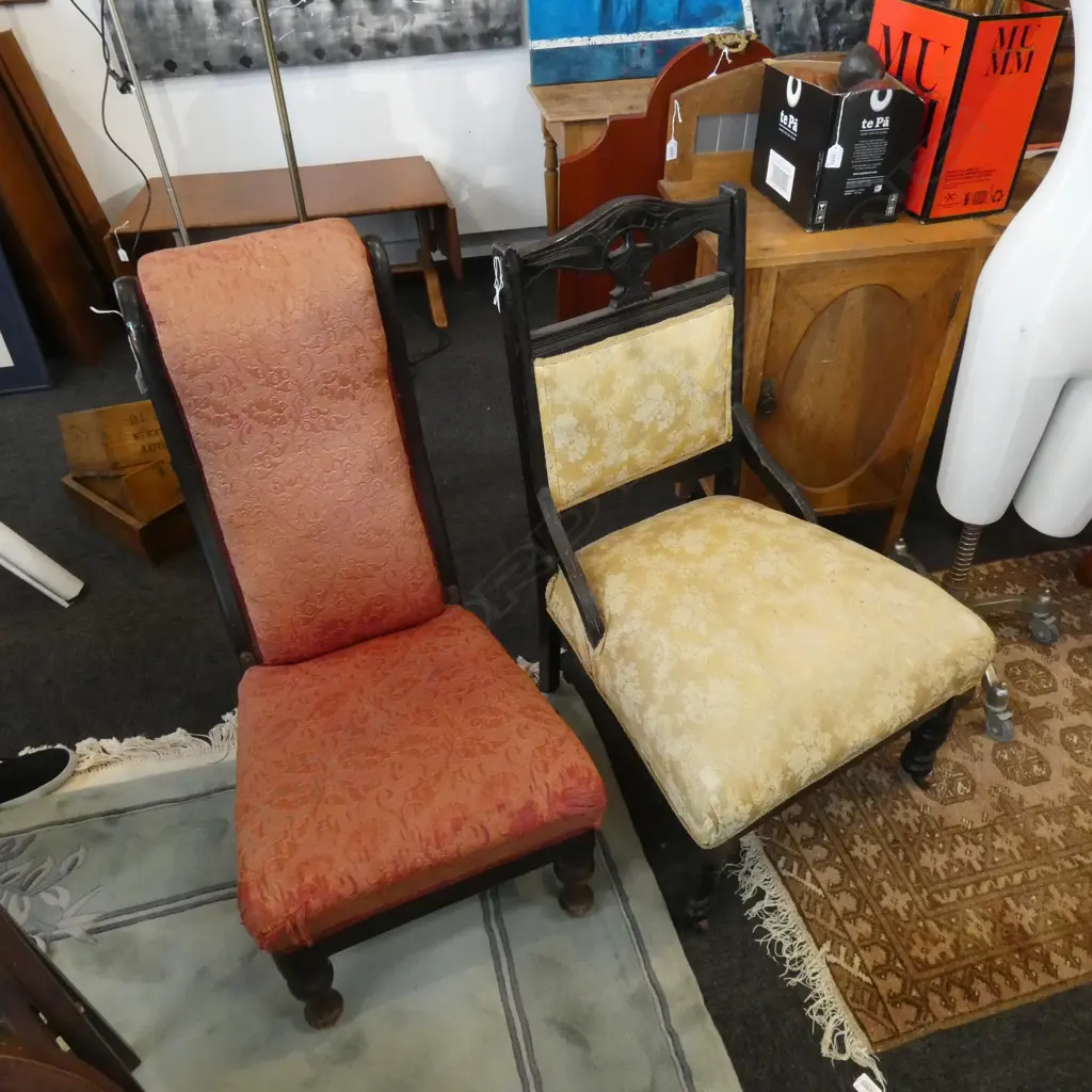2 UPHOSTERED VICTORIAN CHAIRS SHOWING WEAR Image 1++