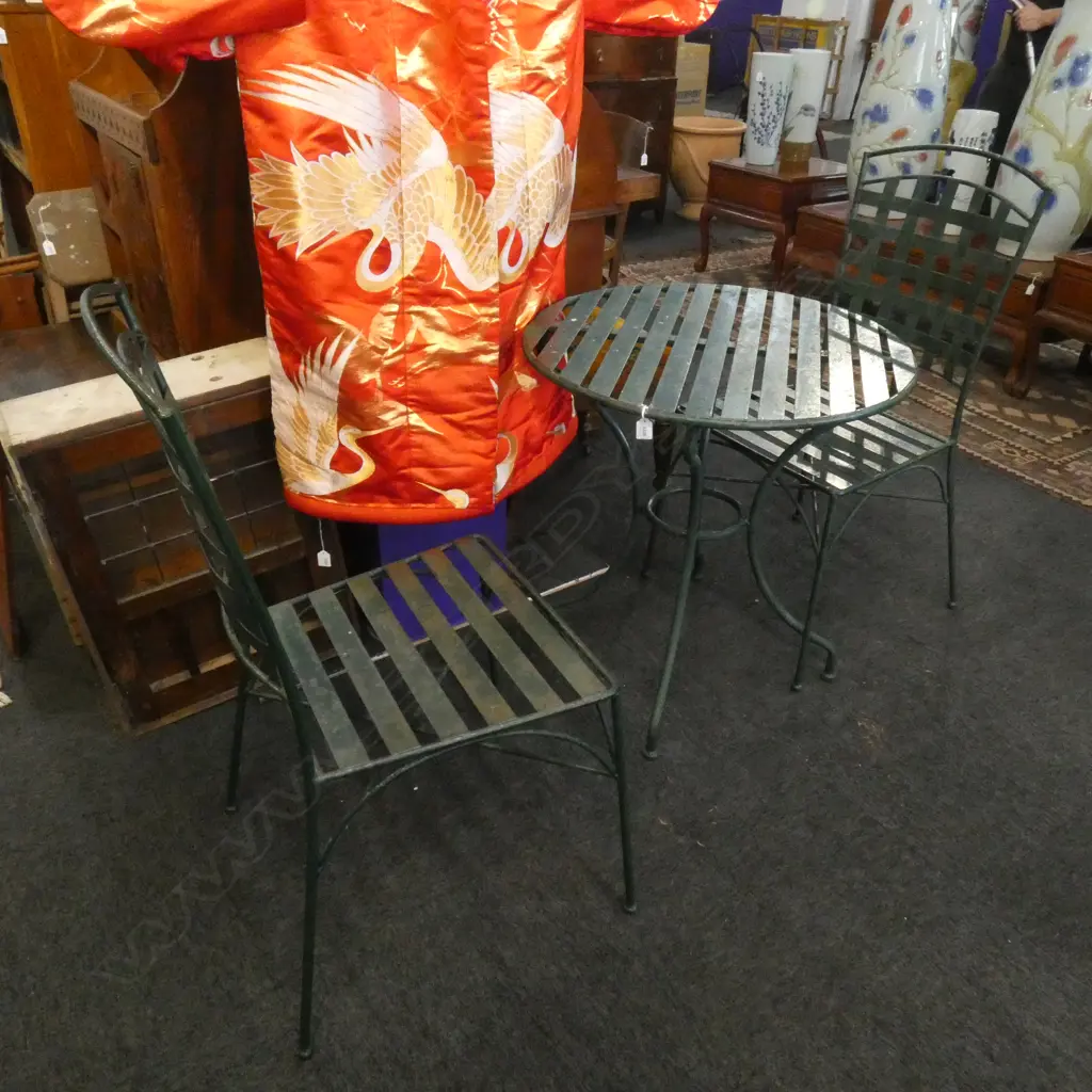 GREEN PAINTED METAL PATIO SET; TABLE DIA 700MM & 2 CHAIRS. SOME WEAR TO PAINT Image 1++