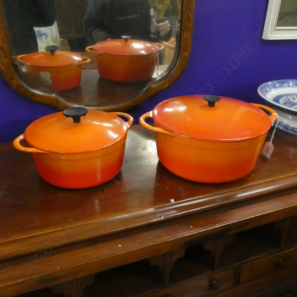 2 FRENCH 'COUSANCES' ORANGE ENAMEL CASSEROLES 230mm dia Image 1++