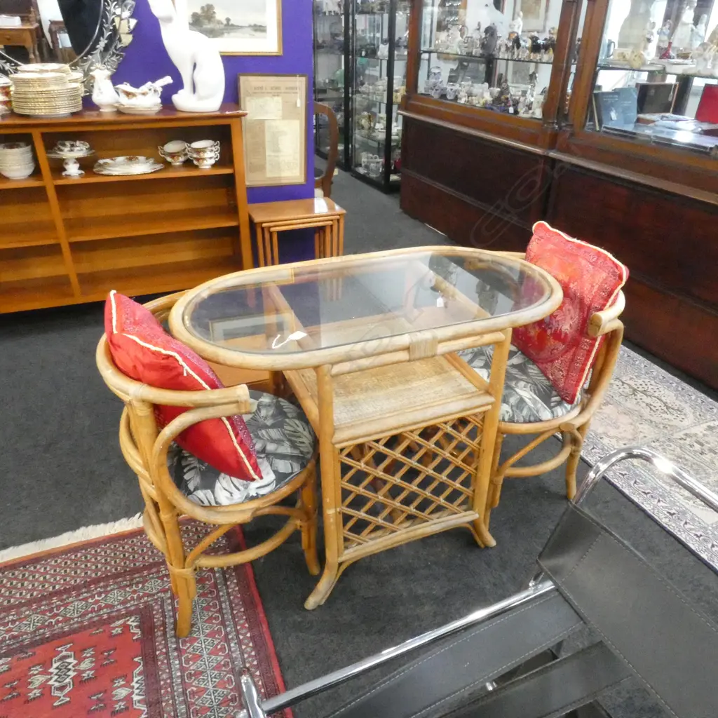 3 PCE CANE DINING SET; PR CHAIRS & TABLE  Image 1++