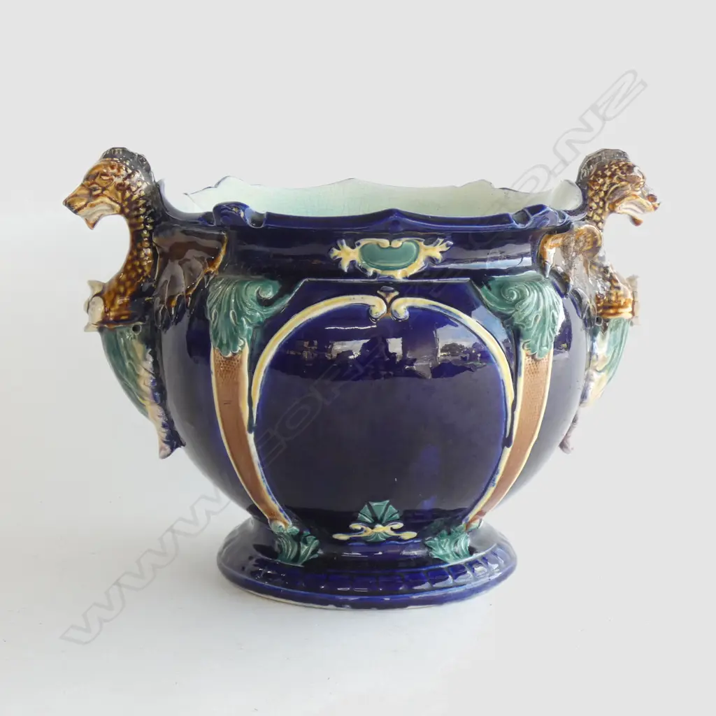 MAJOLICA FORESTER JARDINERE w. DRAGON HANDLES 265mm dia Image 1++