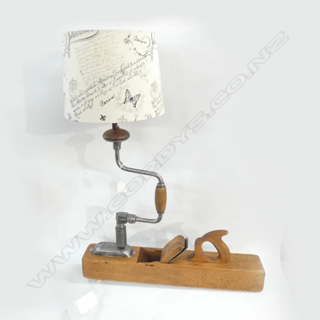 VINTAGE WOODEN PLANE & BRACE HAND DRILL MADE INTO ARTISAN LAMP... Image 1++