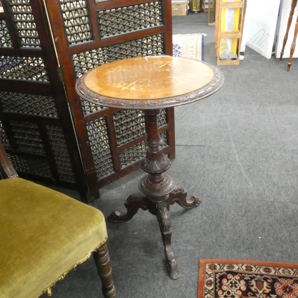 COLONIAL CARVED & INLAID SIDE TABLE 500mm dia H.740mm Image 1++