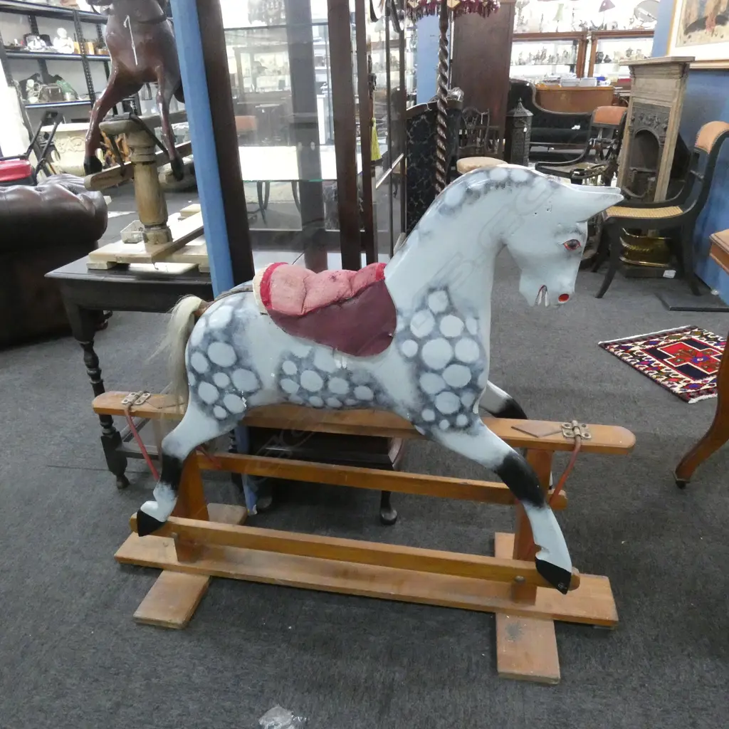 MED VINTAGE DAPPLED GREY WOODEN ROCKING HORSE L 1220 H 1000MM (SM BOX EXTRAS; LEATHER STRAPS / STIRRUPS ETC) Image 1++