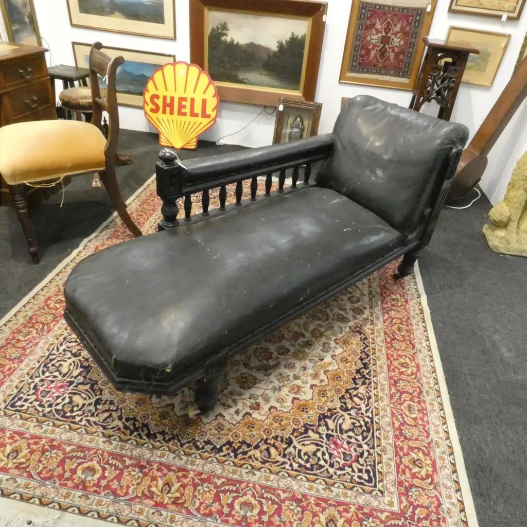 LATE VICTORIAN CHILDS? CHAISE BLACK VINYL UPHOLSTERY L.1450mm Image 1++