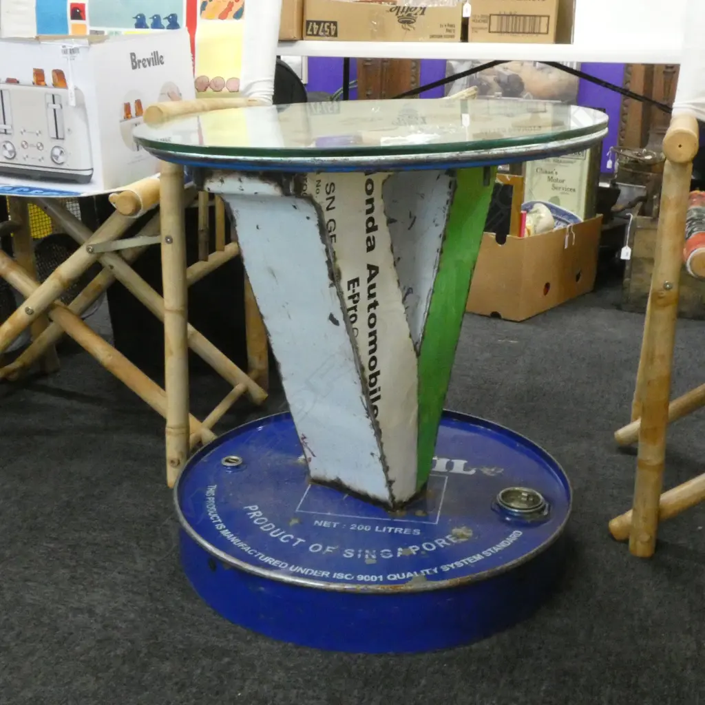INDUSTRIAL DRUM TABLE GLASS TOP H.615mm 600mm dia Image 1++