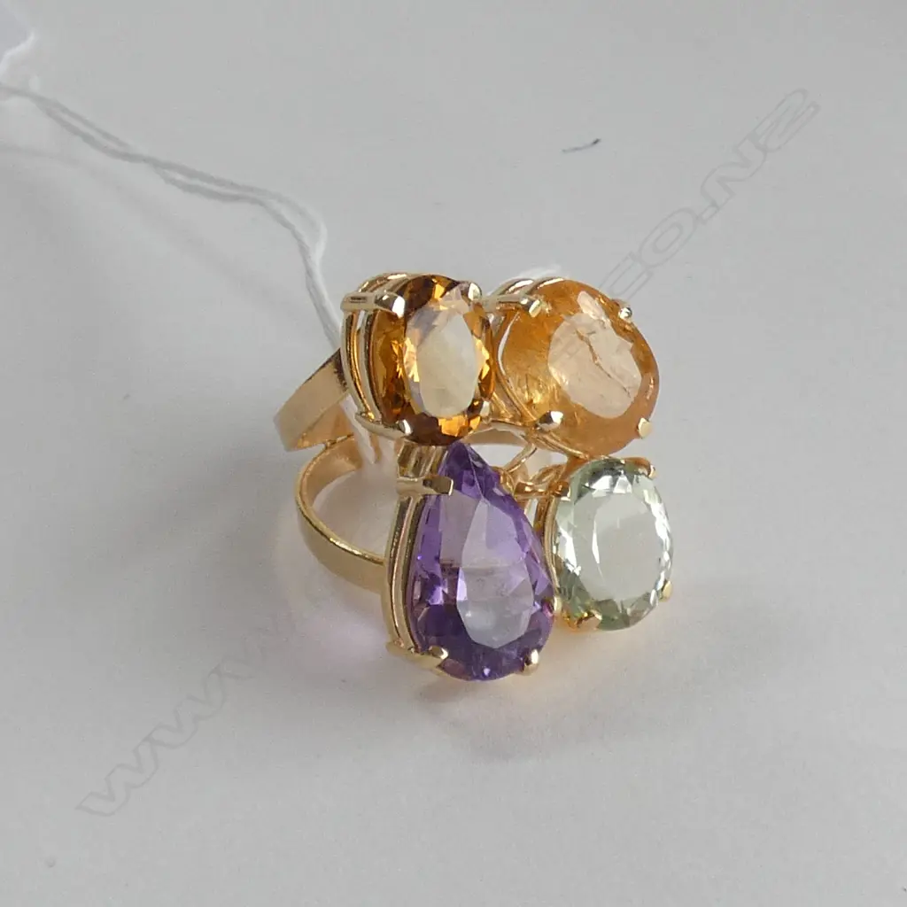 GILDED SILVER LGE 4 STONE RING CITRINE AQUAMARINE AMETHYST ONE STONE A/F Image 1++