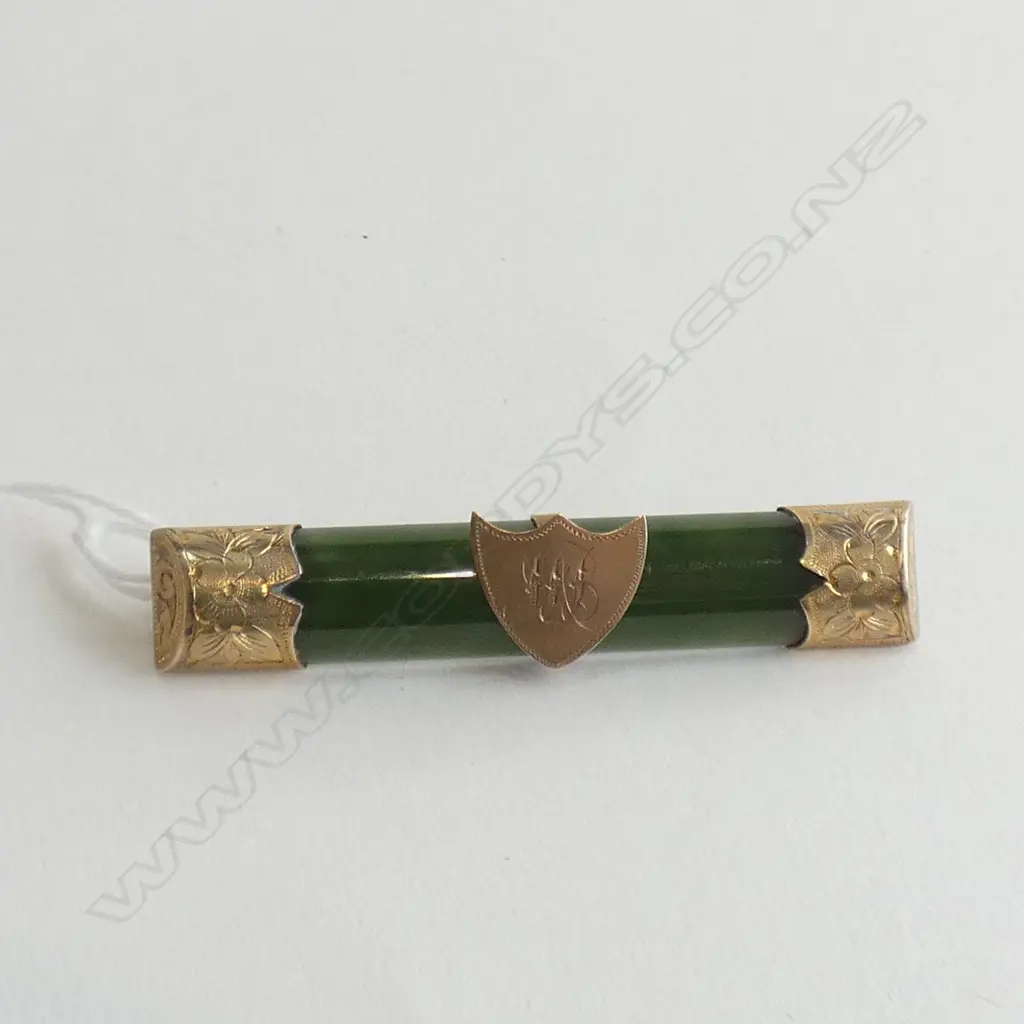 C1900 9CT GOLD & NEPHRITE COLONIAL BAR BROOCH Image 1++