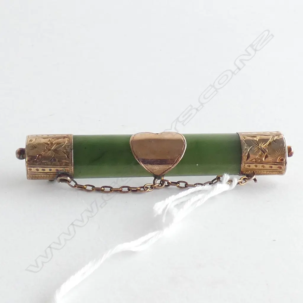NZ COLONIAL GOLD & NEPHRITE BAR BROOCH CAPS & CHAINS Image 1++