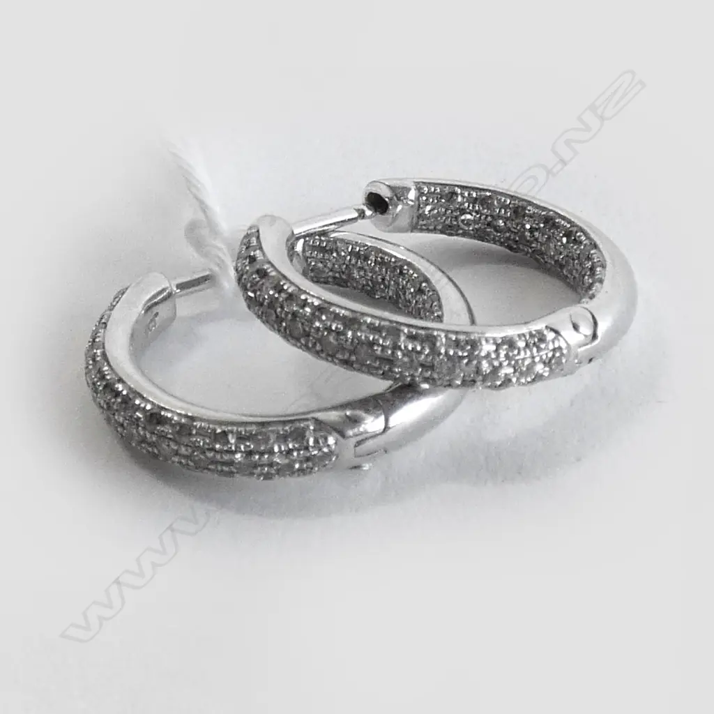 9CT WHITE GOLD AND DIAMOND HOOP EARRINGS Image 1++
