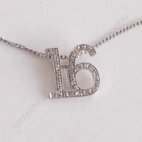 9CT WHITE GOLD DIAMOND SET '16' PENDANT ON 9CT CHAIN Image 1++