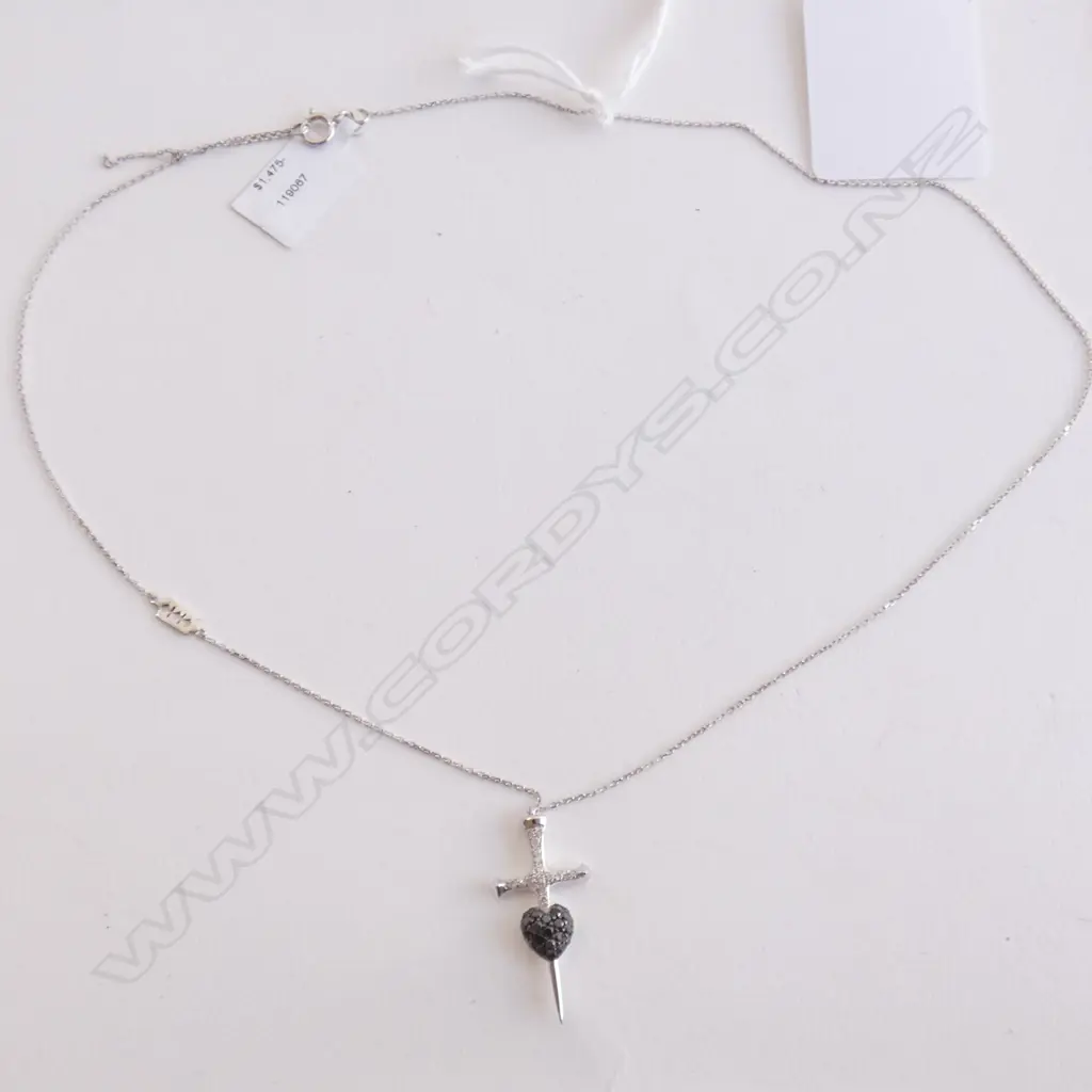 18CT WHITE GOLD SWORD AND HEART DIAMOND PENDANT Image 1++